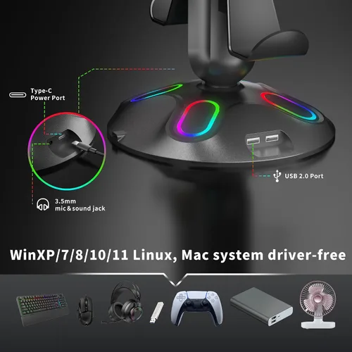 Vista 3 de Gaming RGB Headphone Stand, Controller Holder with 9 Light Modes and 2 USB Charging Ports and 3.5mm & Type-C - Controller Stand Hanger Accessories