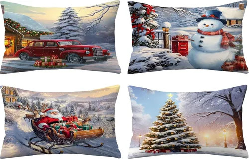 Vista 23 de Juego de 4 fundas de almohada de Navidad de 12 x 12 pulgadas, fundas de almohada de terciopelo de Navidad, fundas de almohada doradas y rojas