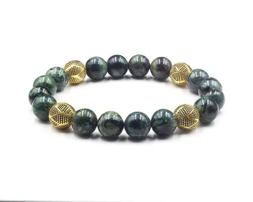 Vista 6 de Dark Green Jade and Gold Beads Bracelet, Jade Bracelet, Men's Jade Bracelet
