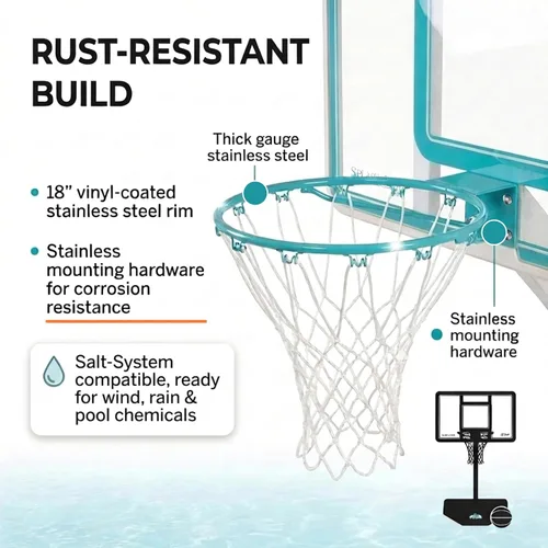 Vista 6 de Dunn-Rite Splash & Shoot, aro de baloncesto ajustable para piscina al aire libre con altura variable, pelota, base y borde de acero inoxidable de 18