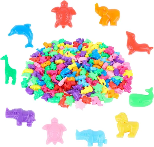 Vista 2 de 200 cuentas con forma de animal mixto, coloridas cuentas espaciadoras de animales marinos y de la selva, cuentas de plástico del zoológico, cuentas