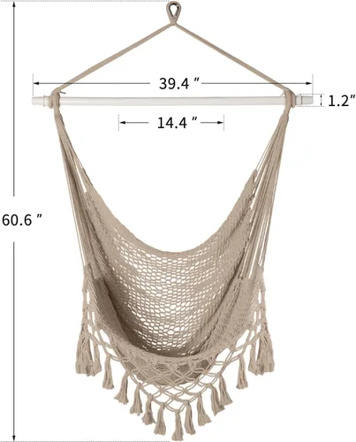 Vista 7 de Bathonly Silla hamaca de cuerda de algodón tejida a mano con barra separadora de metal, hamaca caribeña, silla colgante bohemia para dormitorio