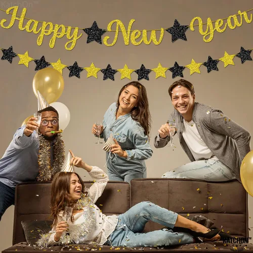 Vista 7 de KatchOn, Cartel de Feliz Año Nuevo pre-encordado – 10 pies, NO DIY, decoraciones doradas de la víspera de feliz Cartel de decoración de fiesta
