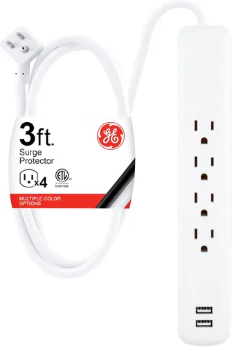 Vista 9 de GE SurGE - Tira de alimentación protectora con puertos USB, cable de extensión trenzado de 3 pies, 1060 julios, extensor de 4 tomas, 1 USB-A, 1