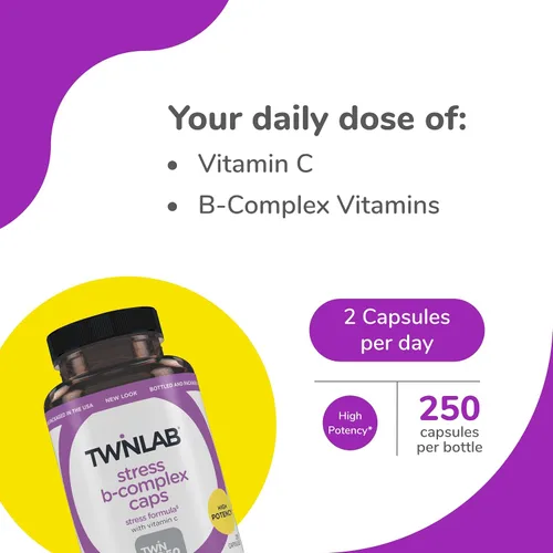 Vista 3 de Twinlab Stress B-Complex Caps - Suplemento de apoyo energético con cápsulas de vitamina B12 y B6-250