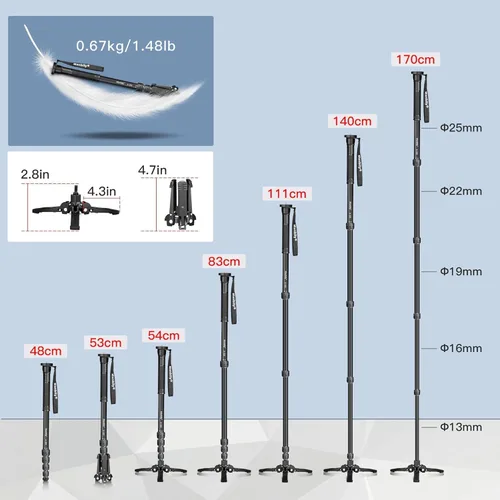 Vista 5 de Manbily Monopies para cámaras con pies, 5 secciones, 67 pulgadas, carga máxima de 15.43 libras, monopie de cámara extensible portátil de aluminio