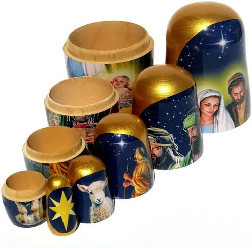 Vista 4 de Muñecas de madera coleccionables de larga duración hechas a mano, de madera, de 5 piezas, con escenas originales de Navidad en cada muñeca