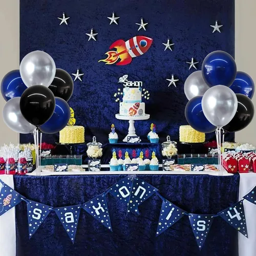 Vista 5 de TONIFUL Juego de 4 centros de mesa de globos con soporte para globos de color negro, azul y plateado
