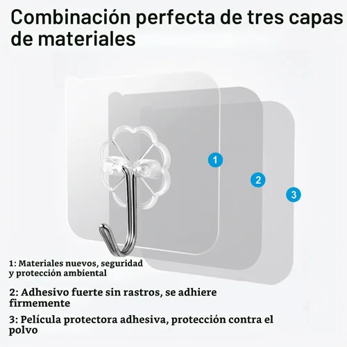 Vista 7 de Ganchos de pared de 33 libras (MÁX) autoadhesivos resistentes, 10 unidades, impermeables y a prueba de aceite, ganchos transparentes sin costuras