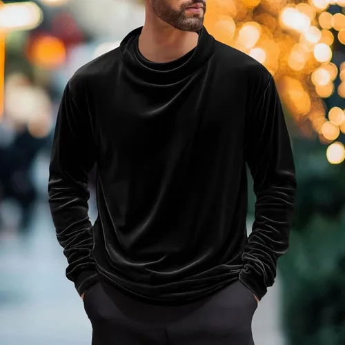 Vista 2 de Camisa térmica para hombre, cuello alto de terciopelo, manga larga, delgada, suave, elástica, casual