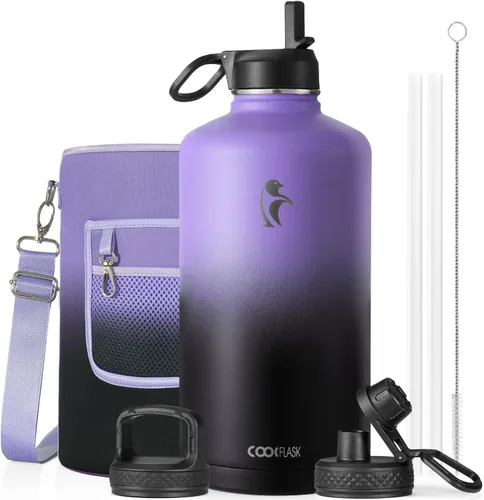 Vista 110 de Coolflask Botella de agua de 24 onzas aislada con pajilla, 3 tapas de metal de acero inoxidable, botella de agua de boca ancha para deportes u