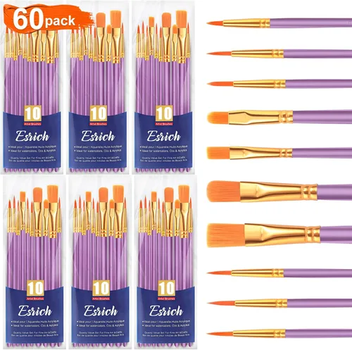 Vista 12 de Juego de pinceles de pintura ESRICH, 6 paquetes de 60 unidades, cerdas de pelo de nailon para pintura acrílica, pinceles de artista para pintura