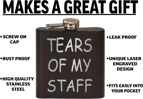 Vista 2 de Rogue River Tactical Funny Tears of My Staff - Petaca de acero inoxidable de alta calidad, color negro mate, es un gran regalo para él, papá, padre