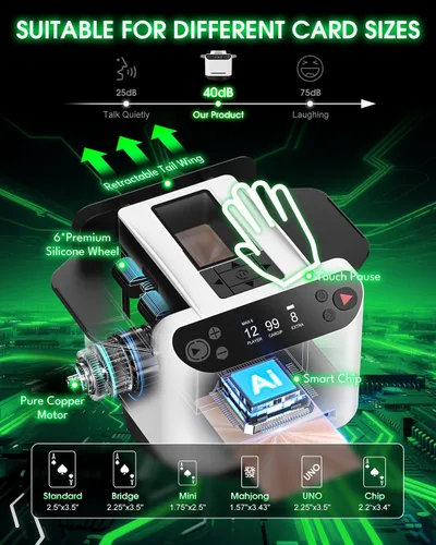 Vista 4 de Card Shuffler 4 Deck Juego automático con bolsa y póker, modos duales Blanco y negro