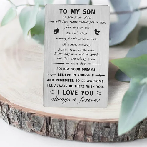 Vista 3 de CPLJW Tarjeta del Día del Padre, regalos para hijo de mamá papá - Just Do Your Best - To My Son Birthday Grabado Billetera Tarjeta Ideas de regalos