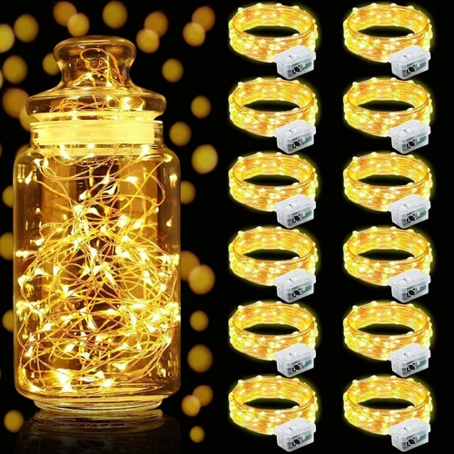 Vista 59 de Aogist Paquete de 24 luces de hadas, 3 modos, 2,1 metros, 20 luces LED, impermeables, cable plateado, funcionan con pilas, mini luces de alambre