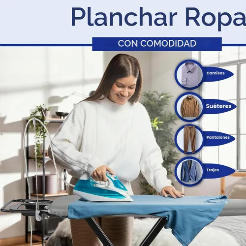 Vista 3 de BKTD Tabla de planchar extra ancha: superficie grande de 48"×18" (57" con soporte para plancha) • Perchero integrado para ropa, colgador y soporte
