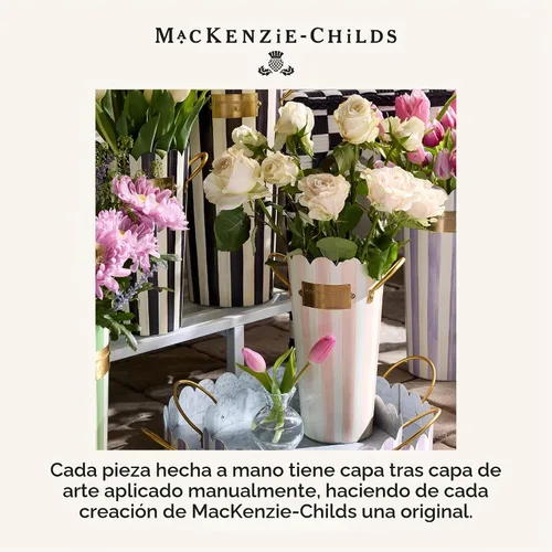 Vista 6 de MACKENZIE-CHILDS Juego de cubos de flores galvanizados, cubos de jardín con asas, jarrones al aire libre para decoración de patio, juego de 3, rayas