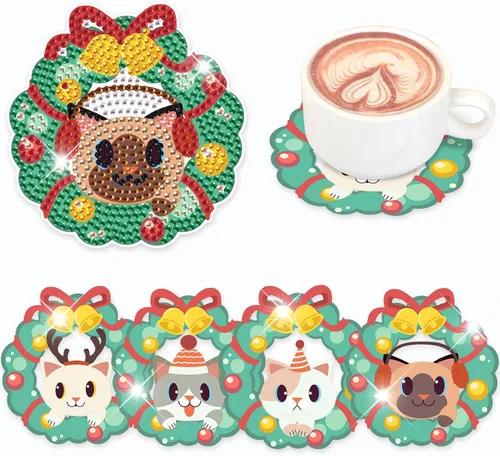 Vista 11 de Kit de 8 posavasos de pintura de diamante con soporte, posavasos de gnomo 5D de diamante, manualidades de arte de diamante, posavasos de diamante