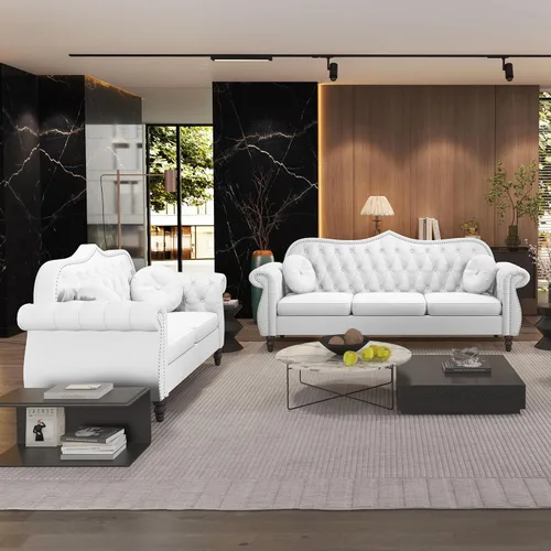Vista 8 de AVZEAR Chesterfield - Juego de sofás seccional de 2 piezas para sala de estar, sofá tapizado en terciopelo moderno de mediados de siglo, sofá Blanco