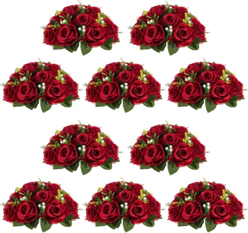Vista 25 de NUPTIO Arreglo de Bolas de Flores en Ramo - 2 Piezas de 9.5 Pulgadas de Diámetro Bolas de Flores Falsas Carmesí Rosas para Centros de Mesa Mesas