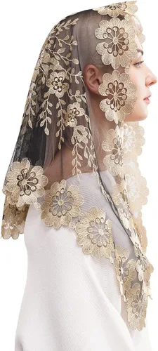 Vista 3 de Mantilla triangular de encaje para cubrir la cabeza de masas latinas velo de encaje grande