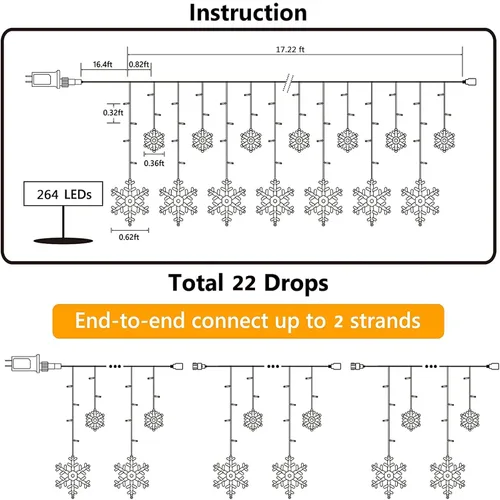 Vista 6 de Luces de copo de nieve de Navidad para exteriores, 17.22 pies, 264 luces LED de carámbano de copo de nieve con 22 gotas, 8 modos conectables