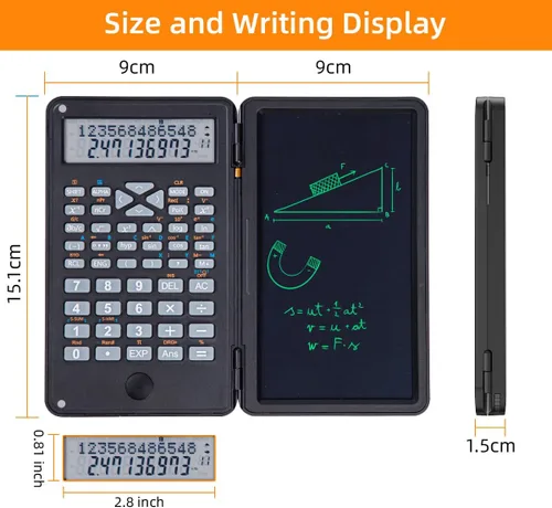 Vista 2 de Calculadora científica DPEDUAI con tableta de escritura LCD para escuela, color negro 240 math functions, dual-line display, built-in LCD writing