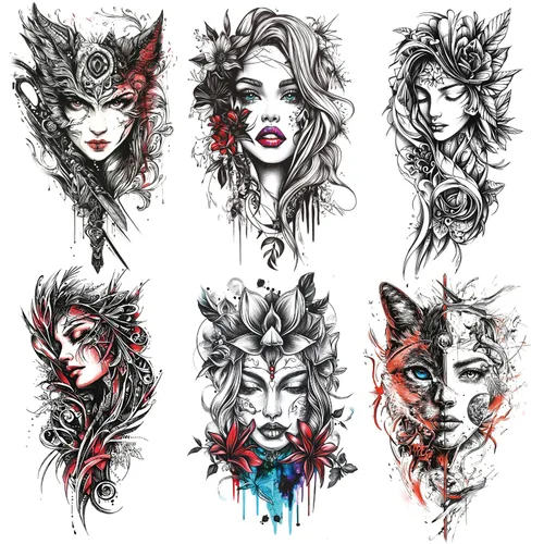 Vista 11 de 6 hojas de brazo falso impermeable cuerpo arte temporal tatuajes pegatinas negro japonés geisha samurai mujeres flor loto