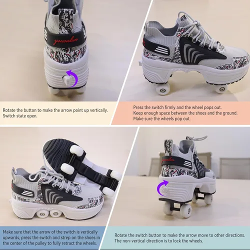 Vista 5 de Zapatos de patinaje para mujer, cuatro rondas, zapatos de patines de ruedas para niños que se convierten en patines de ruedas, zapatos ligeros al