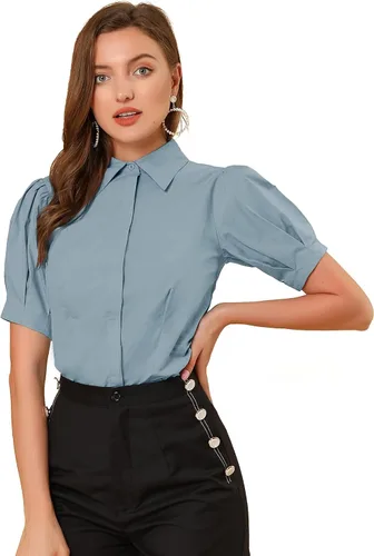 Vista 8 de Allegra K Camisa de manga corta con botones para mujer, con cuello y manga corta