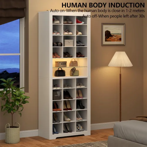 Vista 5 de Armario de almacenamiento de zapatos de 11 niveles, zapatero de madera blanco con 27 cubículos, organizador de zapatos independiente de 69 pulgadas