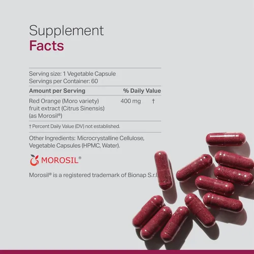 Vista 2 de Morosil: Suplemento antioxidante y nutricional para hombres y mujeres Bienestar y vitalidad Naranja roja Moro Sin OGM, sin gluten, 60 cápsulas