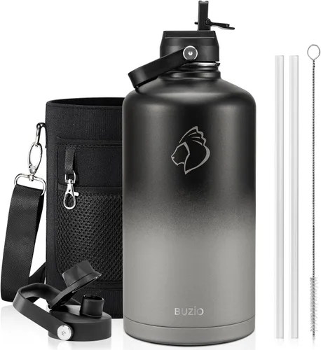 Vista 83 de BUZIO Botella de agua aislada de 24 oz, frasco de agua de boca ancha de acero inoxidable con tapa de pajita, frío durante 48 horas a prueba de Negro