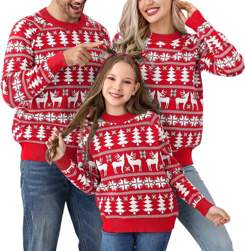 Vista 14 de Suéter navideño a juego para la familia, con estampado de copos de nieve de reno, suéter feo de manga larga 1 estilo.
