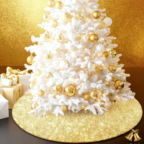 Vista 3 de Falda de lentejuelas para árbol de Navidad, 48 pulgadas, doble capa, para bodas y fiestas Dorado