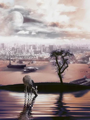 Vista 3 de Lucid Eye Póster de oasis, obra de arte de ciudad del desierto, impresión de paisaje futurista, póster de ovni de cebra, póster de arte de fantasía