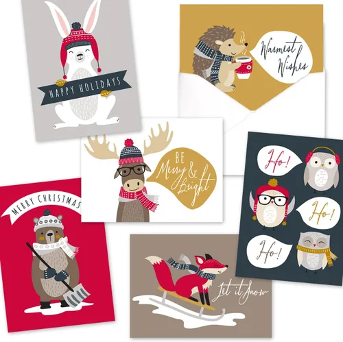 Vista 8 de Canopy Street Tarjetas navideñas de animales del bosque, 36 tarjetas con sobres blancos, 6 diseños de animales del bosque de invierno, versos