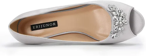 Vista 4 de ERIJUNOR Zapatos de tacón bajo para mujer, con diamantes de imitación, puntera abierta, para boda, fiesta de noche, zapatos de vestir