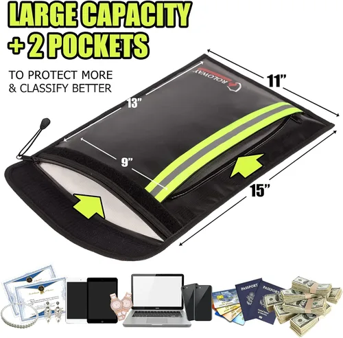 Vista 5 de ROLOWAY Bolsa de documentos ignífuga negra con 2 bolsillos y bolsa ignífuga grande (negro)