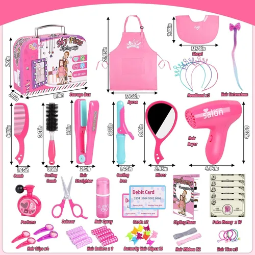 Vista 5 de Gifts2U Juguetes de peluquería para niñas, juego de salón de belleza para niñas, juego de peluquería con secador de pelo, delantal de disfraz