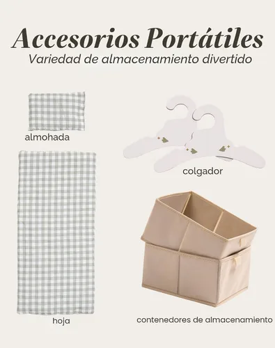 Vista 3 de ROBOTIME Cuna de muñeca de bebé, cama de madera para muñecas, cuna de bebé de juguete con almacenamiento, ropa de cama y ganchos de madera, cuna