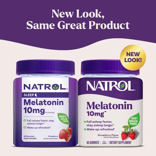 Vista 2 de Natrol Gomitas de melatonina de 10 mg, apoyo para dormir para adultos, suplementos de melatonina para dormir, 60 gomitas con sabor a fresa