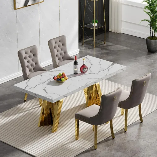 Vista 34 de Juego de 5 mesas de comedor, juego de mesa de cocina y comedor para 4, mesa de comedor rectangular de mármol sintético negro de 70 pulgadas con base