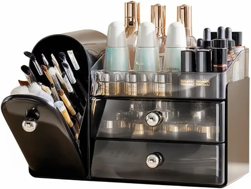 Vista 7 de Bird&Fish Organizador de maquillaje con soporte deslizante para cepillos, organizador transparente para el cuidado de la piel con cajones, Negro