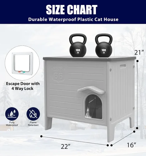 Vista 6 de Casa de Plástico para Gatos para Exteriores e Interiores, Casas para Gatos Ferales con Puerta de Escape, Casa Impermeable para Gatos para Exteriores