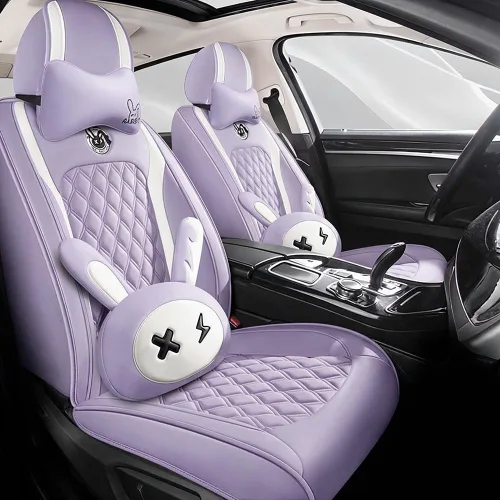Vista 8 de Juego de fundas para asiento de lindo conejito, 5 piezas con cuero PU impermeable para autos, SUV, camionetas, ajuste universal (Beige)