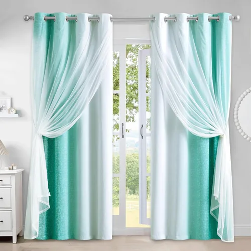 Vista 27 de Cortinas 100% opacas con superposición de gasa Mix and Match de doble capa, 54 pulgadas de largo, 2 paneles para dormitorio y sala de estar, azul