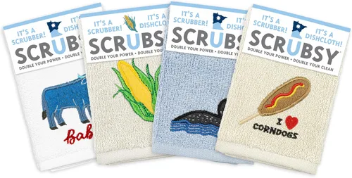 Vista 9 de MÜkitchen SCRUBSY 100% Cotton Kitchen Dish Cloth with Built in Scrubber Kit Various Designs and Super Absorbent Set of 4 (Avian)