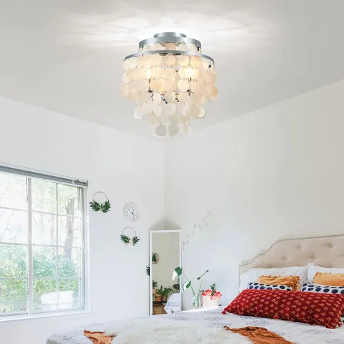 Vista 7 de AGV LIGHTING CL008S Capiz Seashell Lámpara de Techo, Montaje al Ras, D13 x H15, 3 Luces, Marco con Acabado Cromado; Perfecto para Sala de Estar